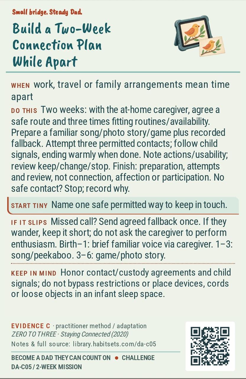 Back of card DA-C05: Build a Two-Week Connection Plan While Apart. When: work, travel or family arrangements mean time apart Do this: Goal: create dependable child-centered contact within safe agreed arrangements. Window: two weeks.
1. Agree with the at-home caregiver on a feasible contact route and three opportunities; fit the child’s routine and your real availability.
2. Prepare a familiar song, photo story or tiny shared game, plus a recorded message fallback.
3. Make three agreed contact attempts; follow the child’s signals and end warmly when they are done. Record what you did and what seemed usable.
4. Review after two weeks and propose a keep/change/stop plan.
Finish after preparation, three permitted attempts and your review; calls connecting, affection and child participation are not the finish. If safe contact is unavailable, stop and record that limit rather than bypass it. Start tiny: Name one safe permitted way to keep in touch. Keep in mind: Honor contact/custody agreements and child signals; do not bypass restrictions or place devices, cords or loose objects in an infant sleep space.