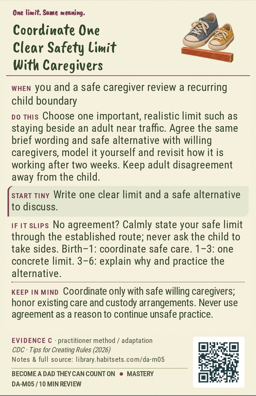 Back of card DA-M05: Coordinate One Clear Safety Limit With Caregivers. When: you and a safe caregiver review a recurring child boundary Do this: Choose one important, realistic limit such as staying beside an adult near traffic. Agree the same brief wording and safe alternative with willing caregivers, model it yourself and revisit how it is working after two weeks. Keep adult disagreement away from the child. Start tiny: Write one clear limit and a safe alternative to discuss. Keep in mind: Coordinate only with safe willing caregivers; honor existing care and custody arrangements. Never use agreement as a reason to continue unsafe practice.