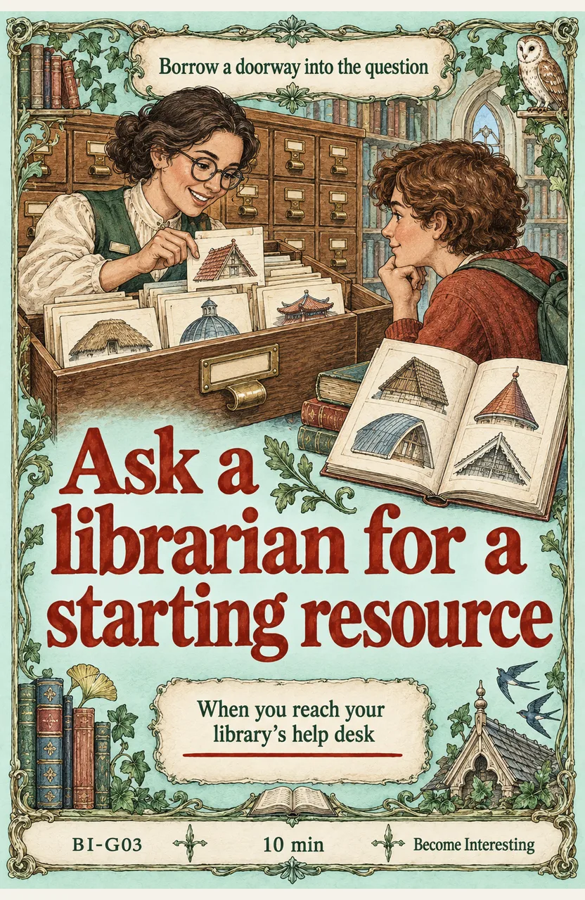 Ask a librarian for a starting resource When: you open your library’s help route or reach its desk