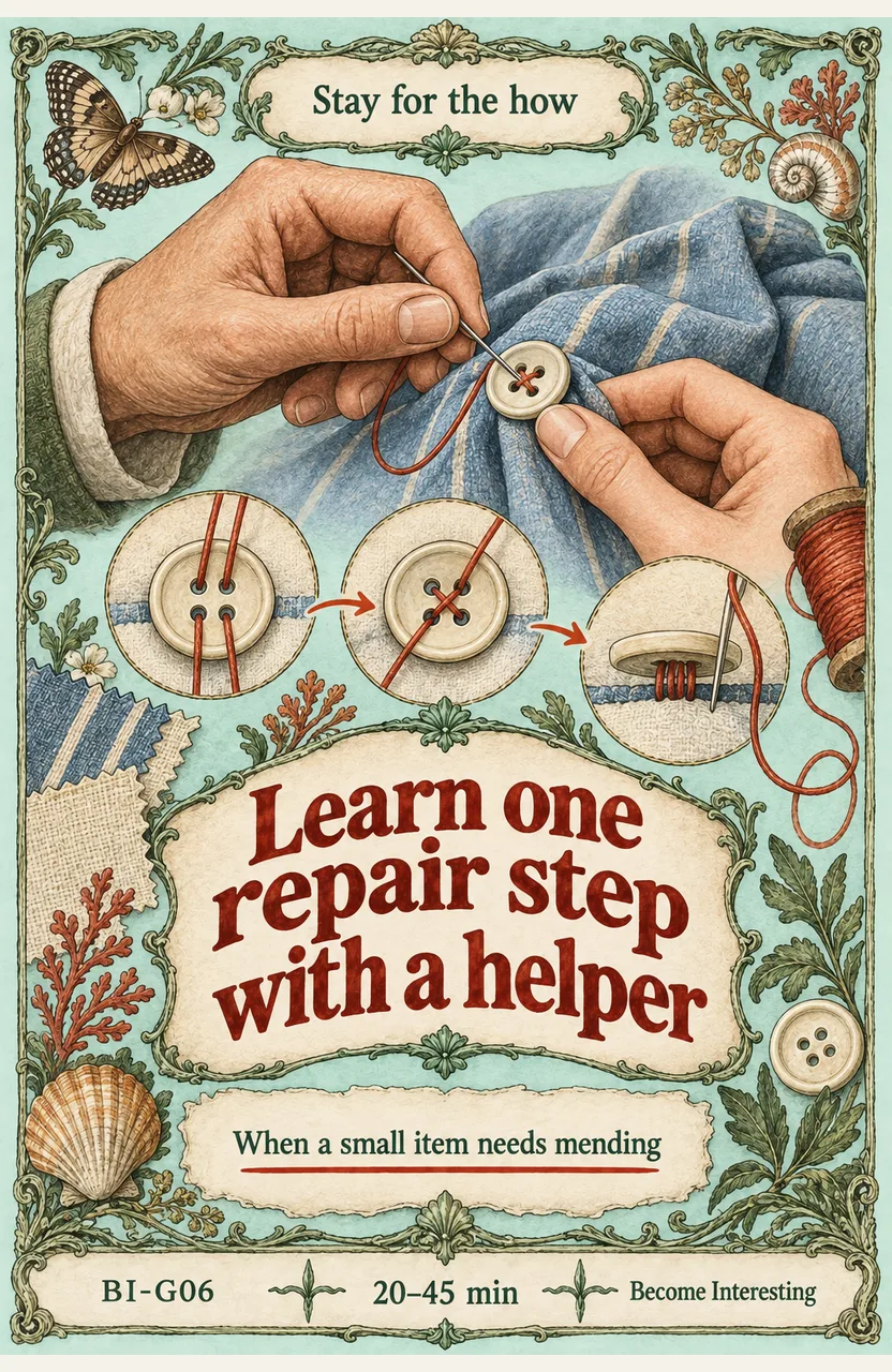 Learn one repair step with a willing helper When: a small safe item needs mending