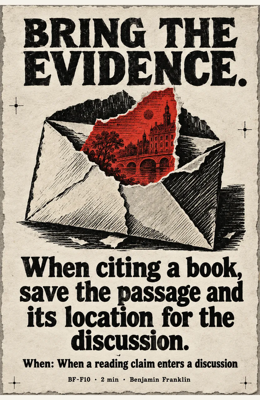 When citing a book, save the passage and its location for the discussion. When: When a reading claim enters a discussion