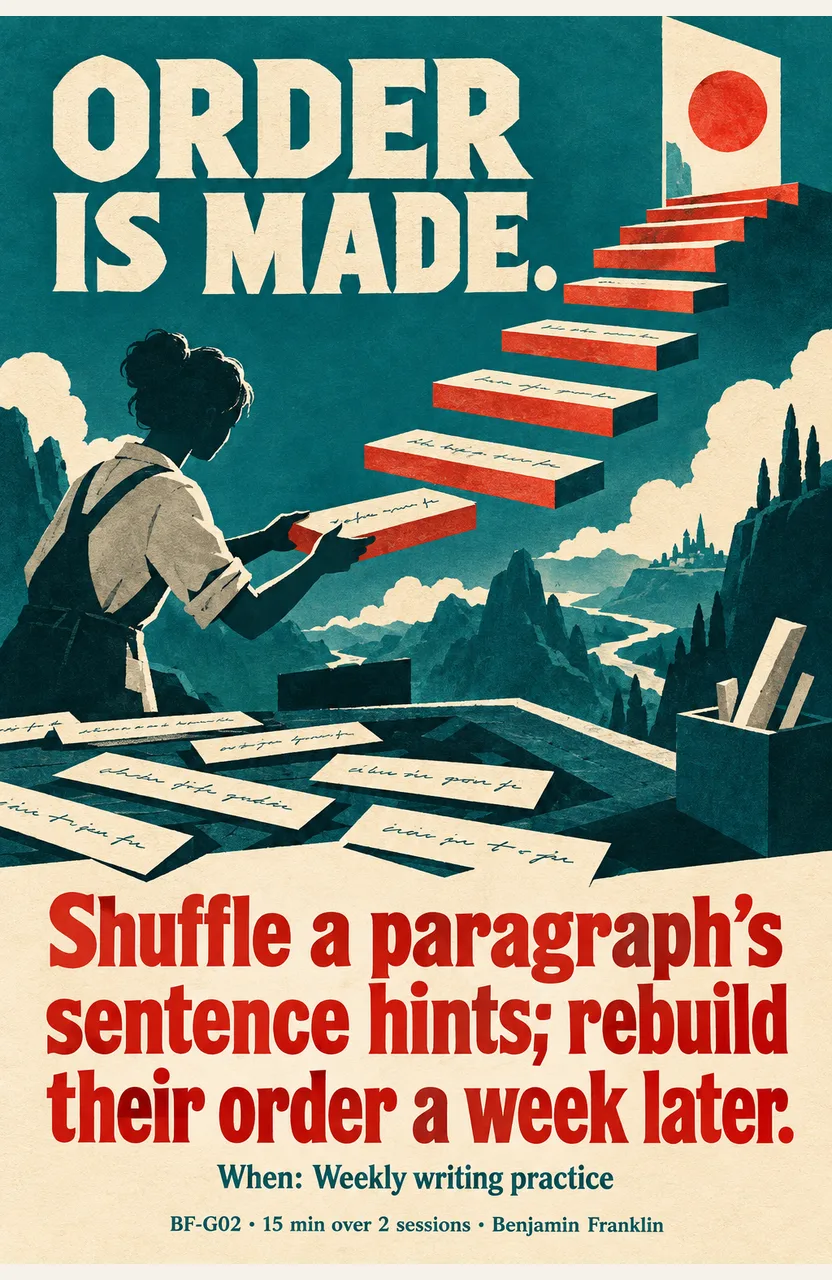 Shuffle a paragraph's sentence hints; rebuild their order a week later. When: Weekly writing practice