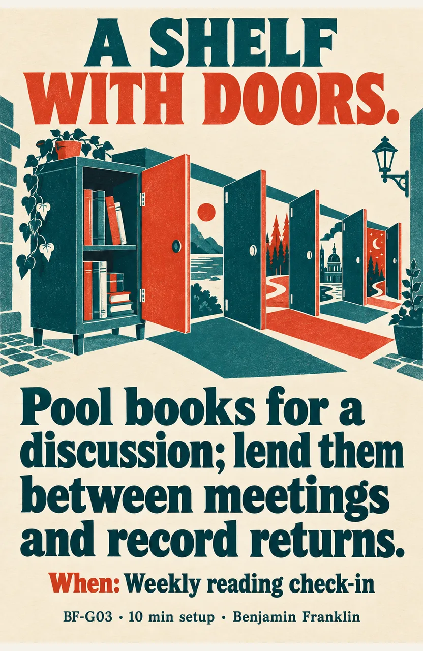 Pool books for a discussion; lend them between meetings and record returns. When: Weekly reading check-in