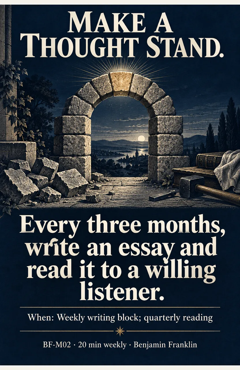 Every three months, write an essay and read it to a willing listener. When: Weekly writing block; quarterly reading