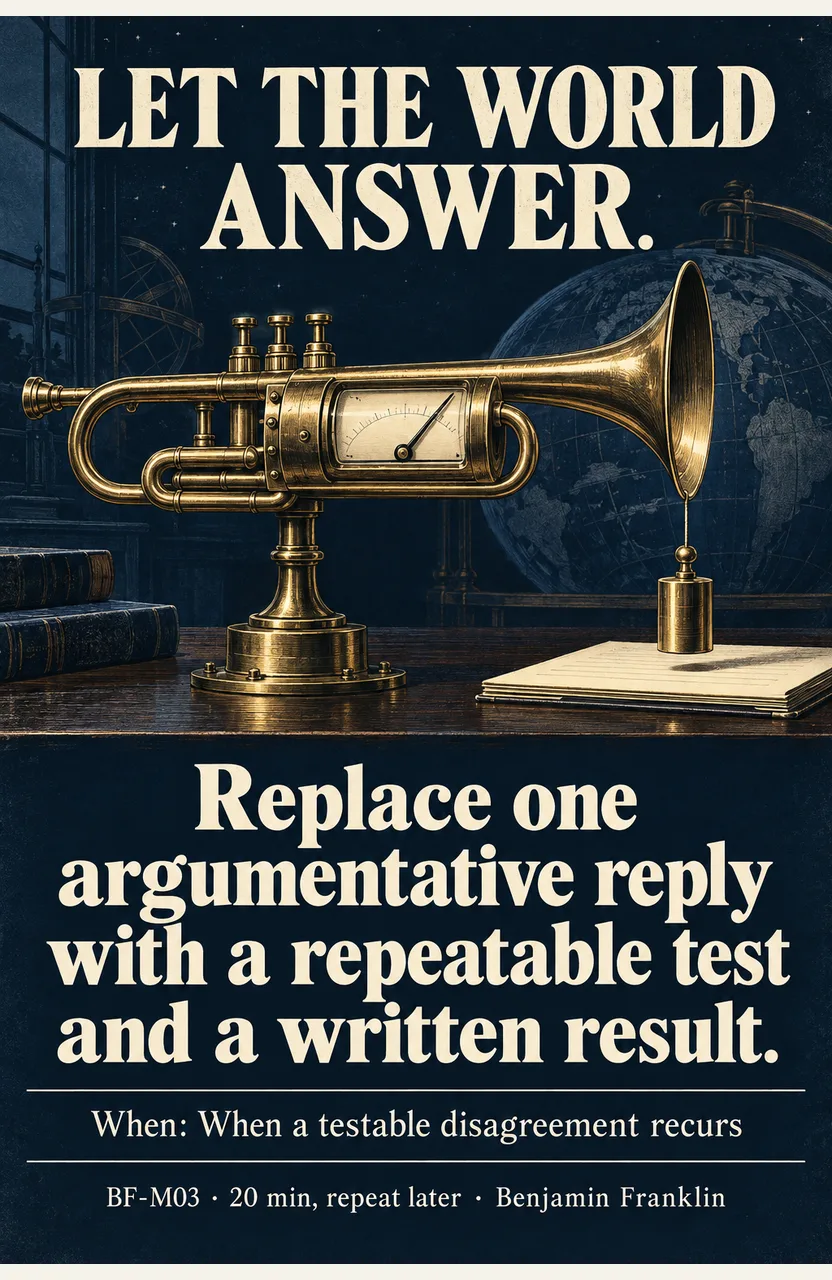 Replace one argumentative reply with a repeatable test and a written result. When: When a testable disagreement recurs