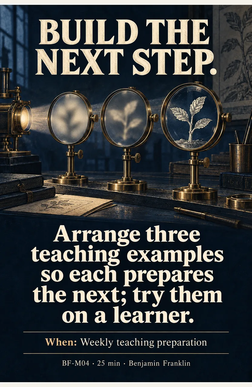 Arrange three teaching examples so each prepares the next; try them on a learner. When: Weekly teaching preparation