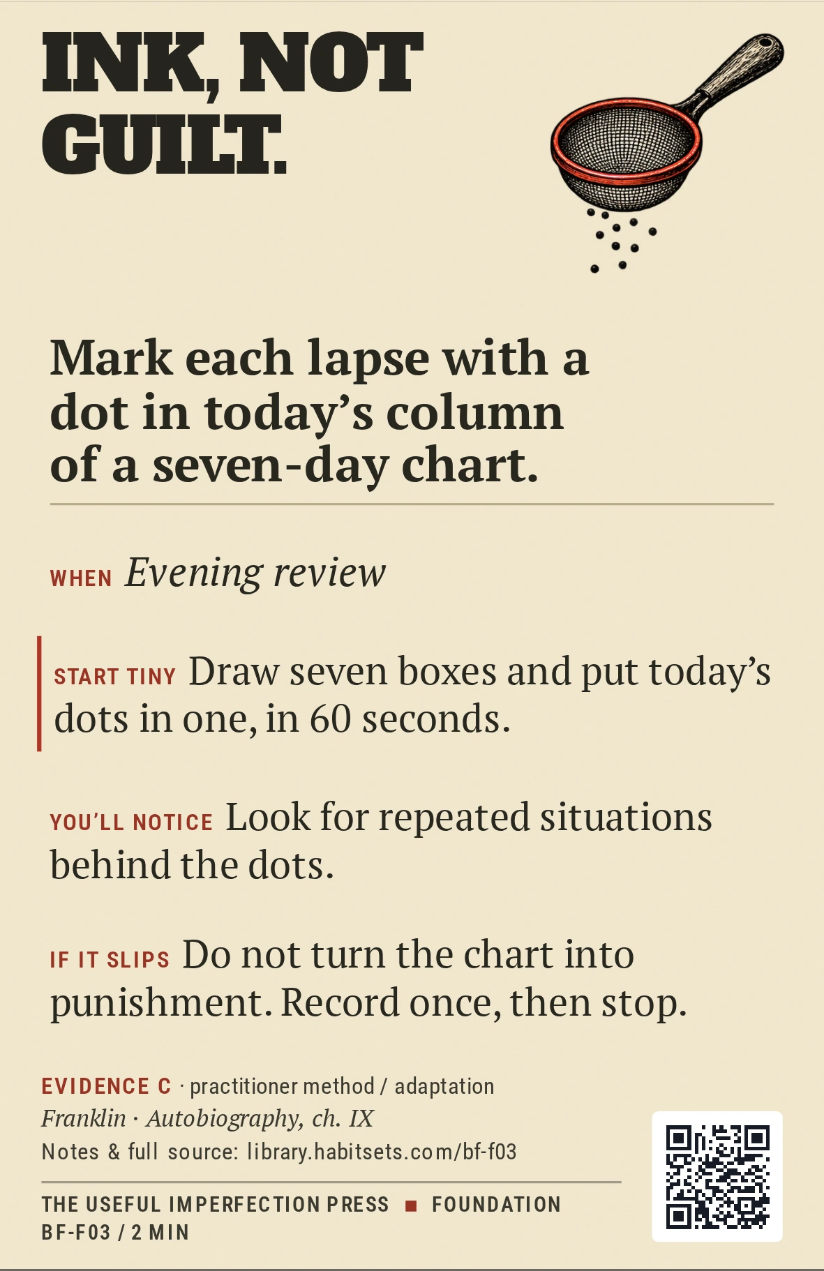 Back of card BF-F03: Mark each lapse with a dot in today's column of a seven-day chart.. When: Evening review Do this: Mark each lapse with a dot in today's column of a seven-day chart. Start tiny: Draw seven boxes and put today's dots in one, in 60 seconds.