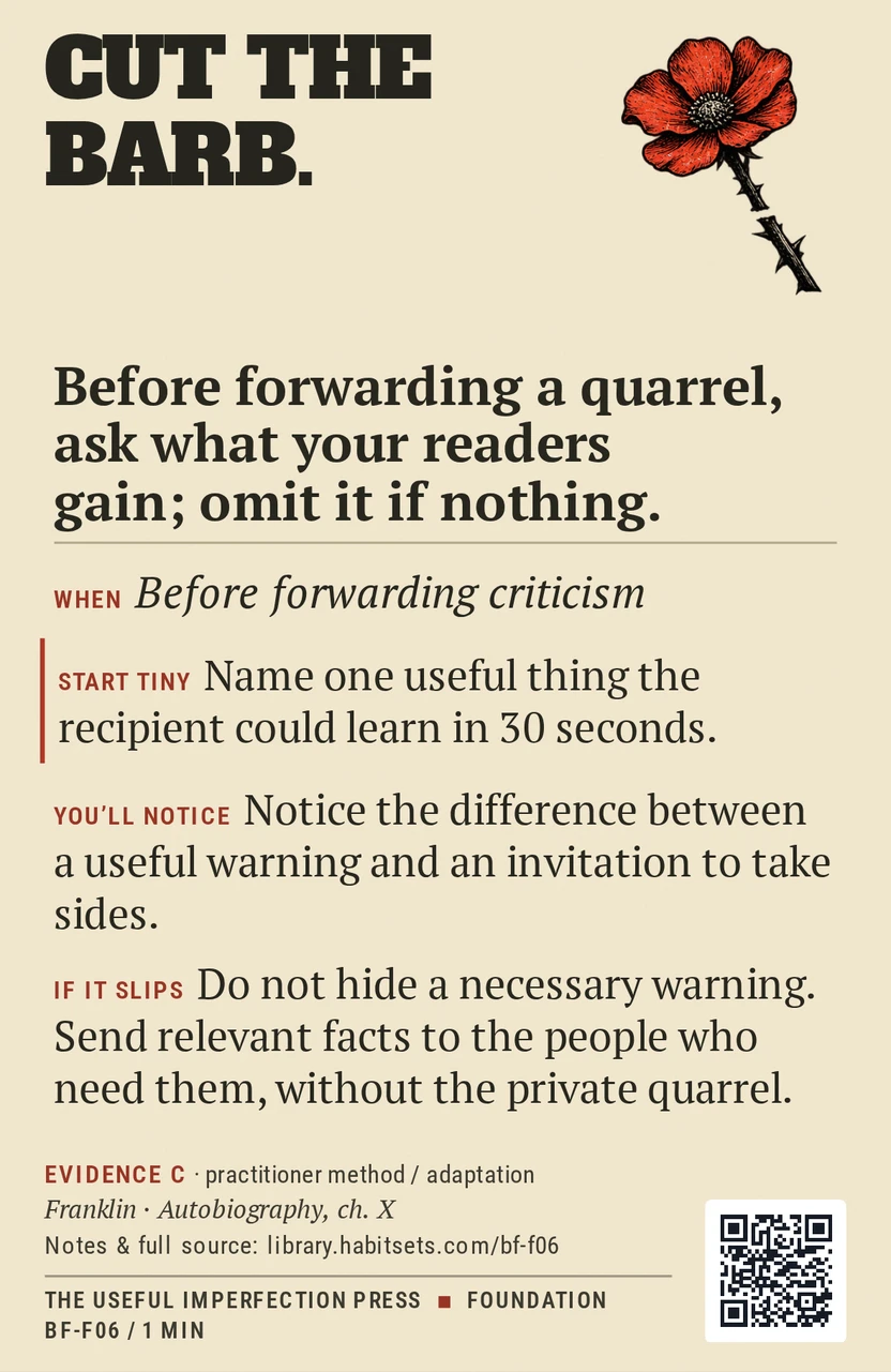 Back of card BF-F06: Before forwarding a quarrel, ask what your readers gain; omit it if nothing.. When: Before forwarding criticism Do this: Before forwarding a quarrel, ask what your readers gain; omit it if nothing. Start tiny: Name one useful thing the recipient could learn in 30 seconds.