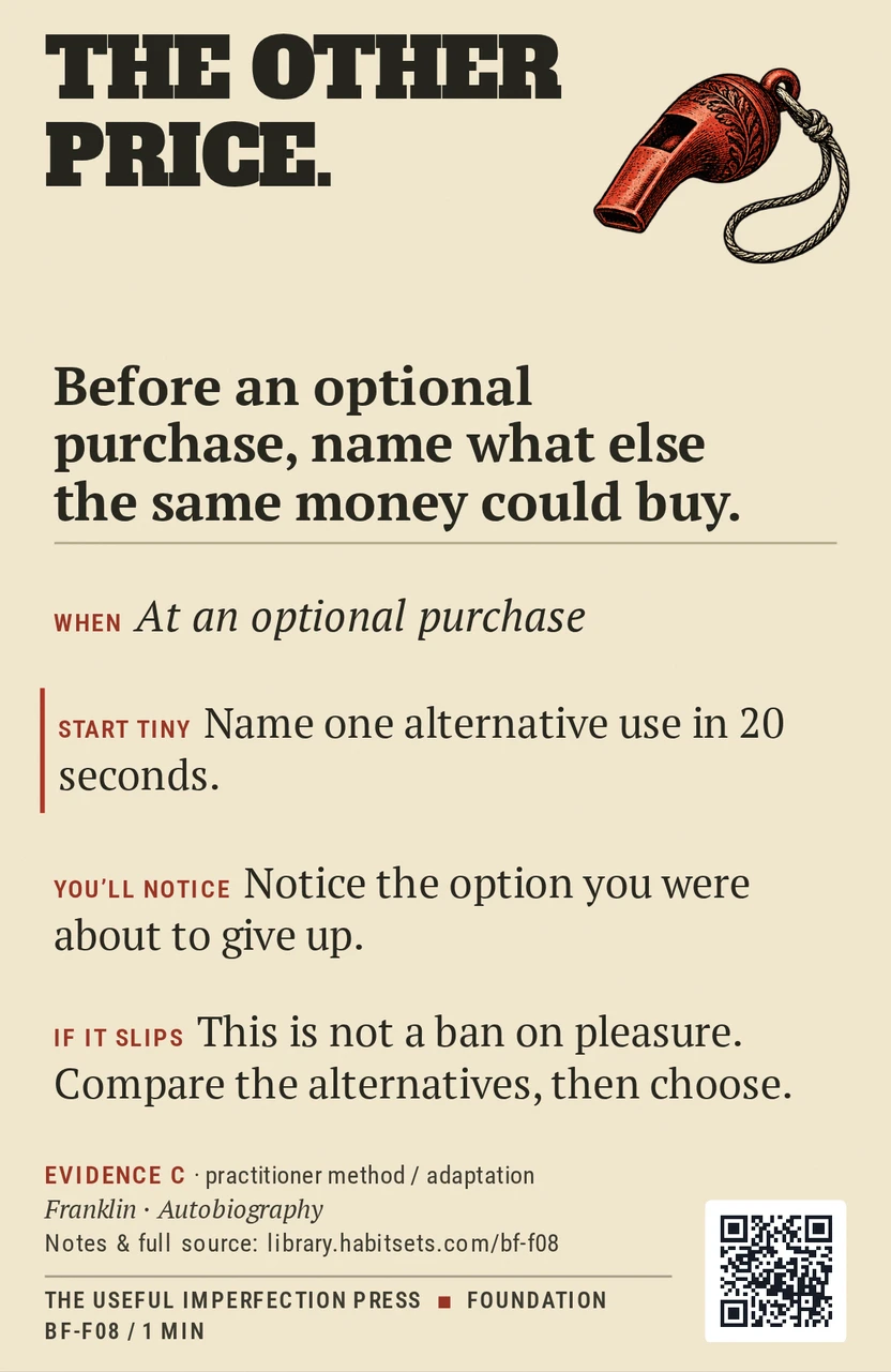 Back of card BF-F08: Before an optional purchase, name what else the same money could buy.. When: At an optional purchase Do this: Before an optional purchase, name what else the same money could buy. Start tiny: Name one alternative use in 20 seconds.