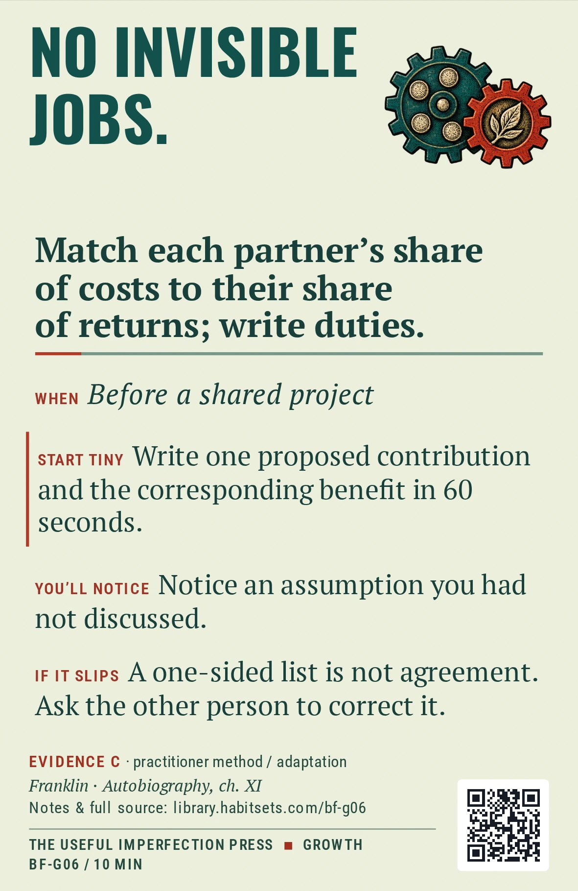 Back of card BF-G06: Match each partner's share of costs to their share of returns; write duties.. When: Before a shared project Do this: Match each partner's share of costs to their share of returns; write duties. Start tiny: Write one proposed contribution and the corresponding benefit in 60 seconds.