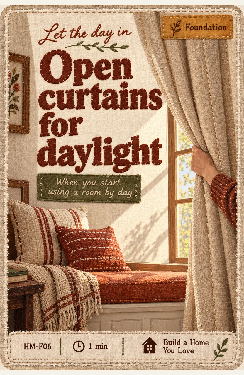 Open curtains for daylight When: you start using a room by day