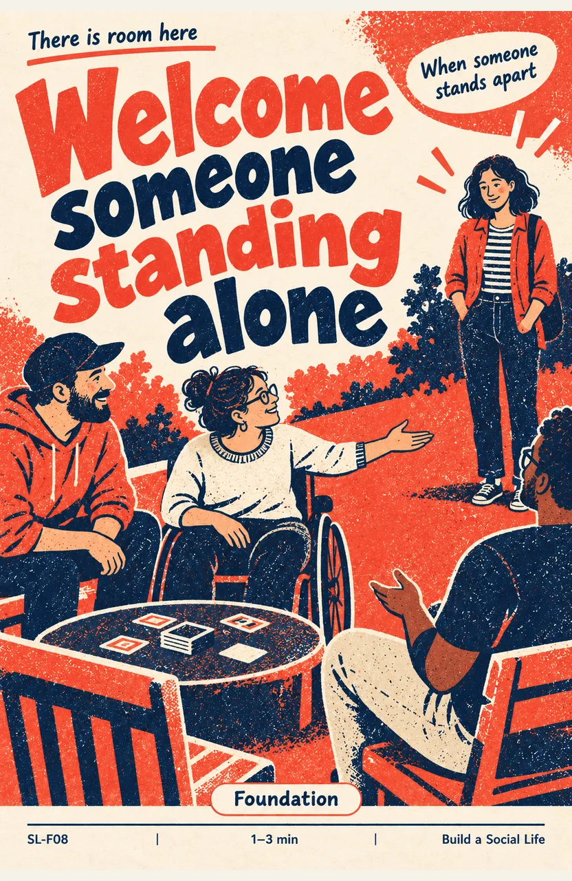 Welcome someone standing alone When: you notice someone on the edge of a gathering
