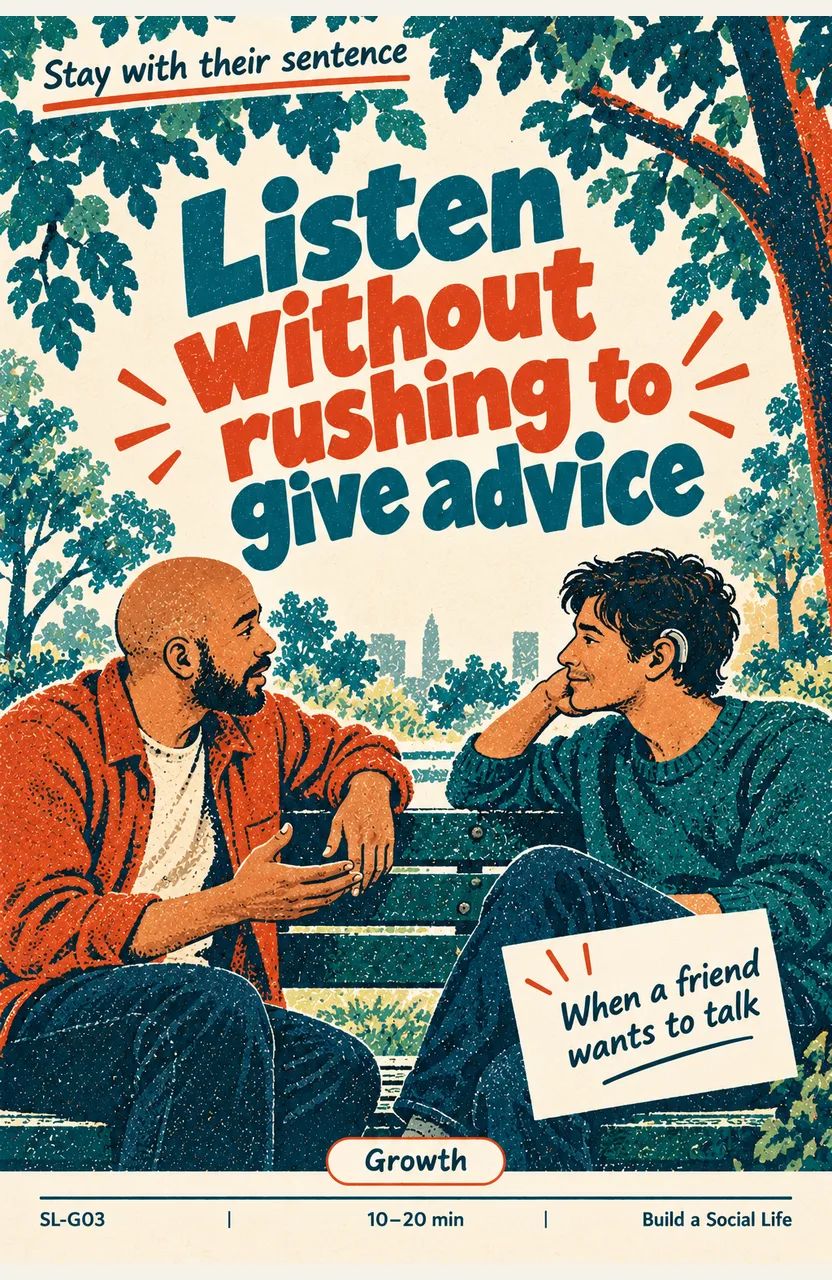Listen without rushing to give advice When: a friend wants to talk about something on their mind
