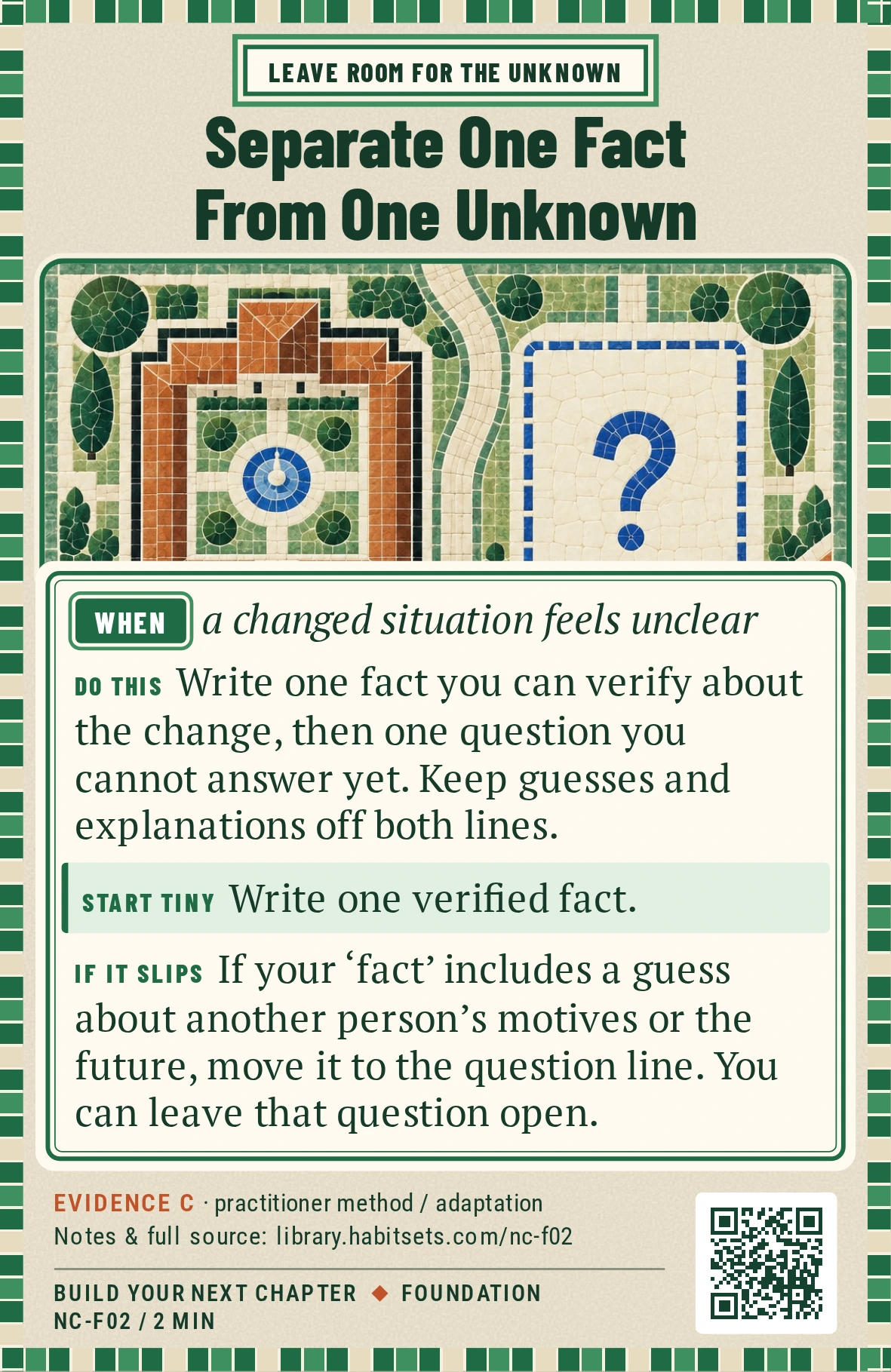 Back of card NC-F02: Separate One Fact From One Unknown. When: a changed situation feels unclear Do this: Write one fact you can verify about the change, then one question you cannot answer yet. Keep guesses and explanations off both lines. Start tiny: Write one verified fact.