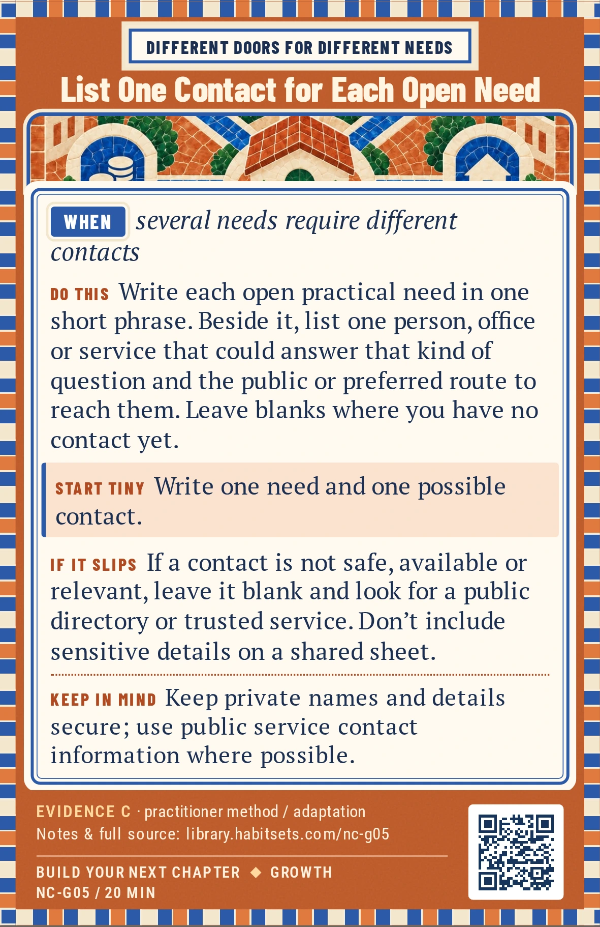 Back of card NC-G05: List One Contact for Each Open Need. When: several needs require different contacts Do this: Write each open practical need in one short phrase. Beside it, list one person, office or service that could answer that kind of question and the public or preferred route to reach them. Leave blanks where you have no contact yet. Start tiny: Write one need and one possible contact. Keep in mind: Keep private names and details secure; use public service contact information where possible.