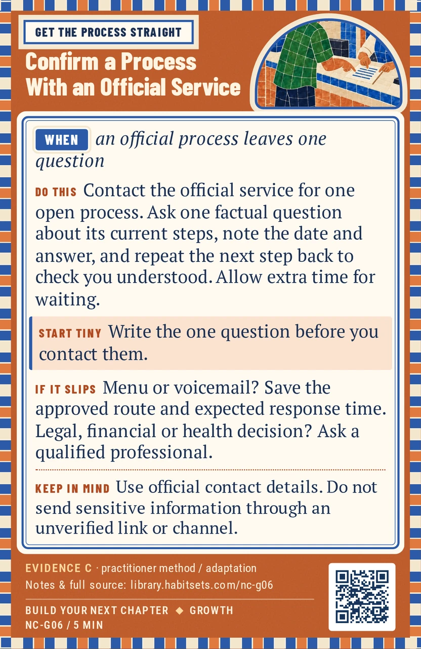Back of card NC-G06: Confirm a Process With an Official Service. When: an official process leaves one question Do this: Contact the official service that handles one open process. Ask one factual question about its current steps, note the date and answer, and repeat the next step back to check you understood it. Allow for any wait time beyond the 15-minute question session. Start tiny: Write the one question before you contact them. Keep in mind: Use official contact details. Do not send sensitive information through an unverified link or channel.