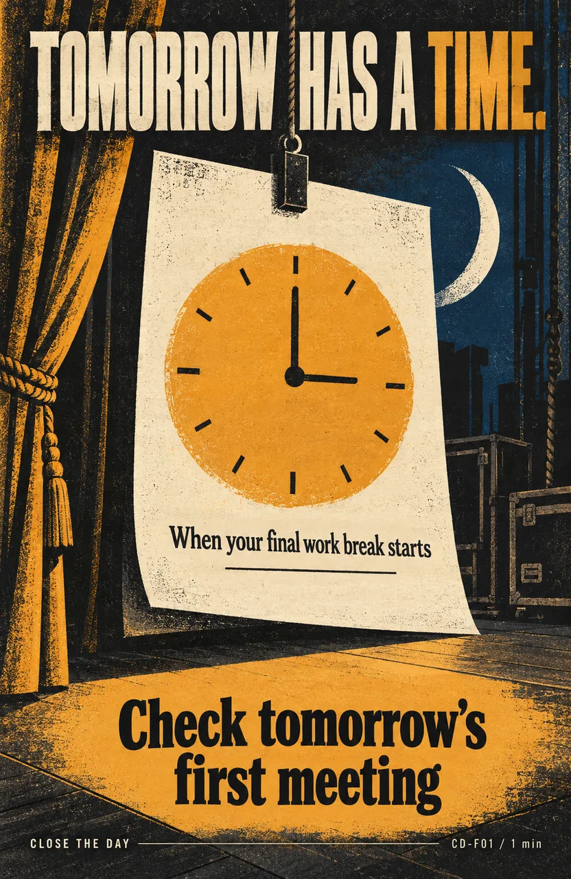 Check tomorrow's first meeting before stopping work When: your final scheduled break starts