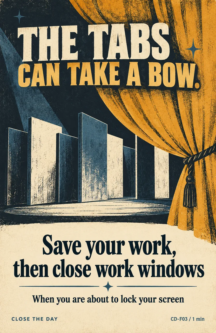 Save your work, then close work windows When: you are about to lock your screen