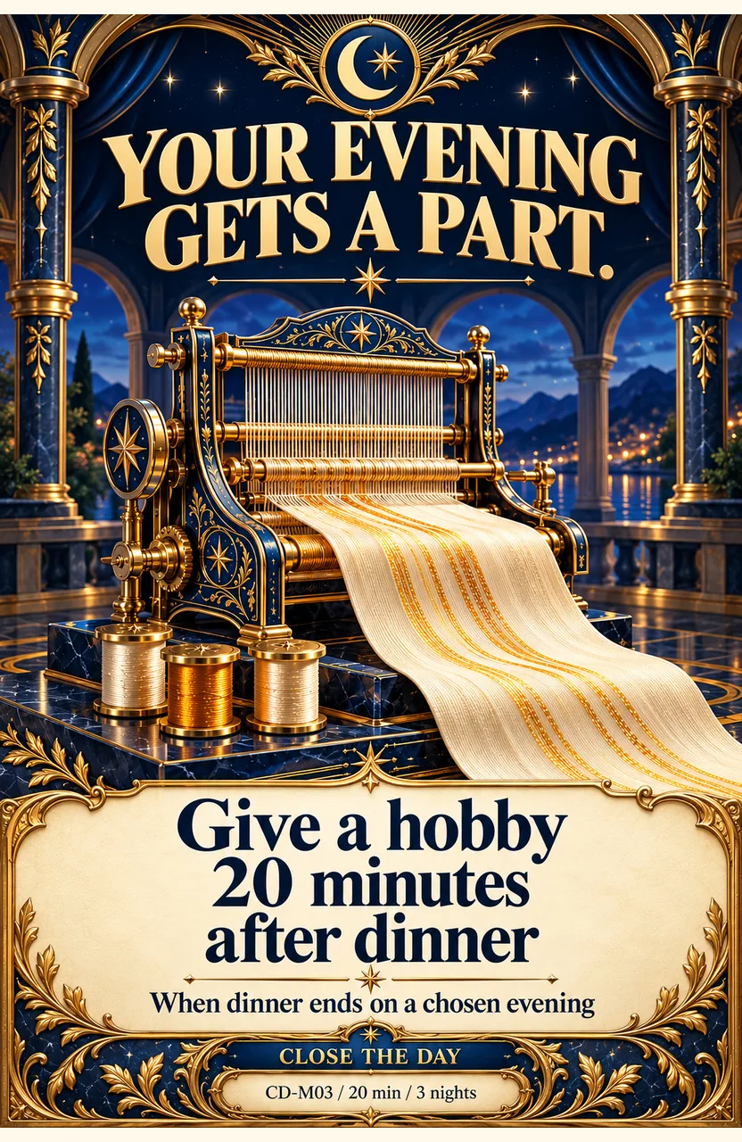 Give a hobby 20 minutes after dinner When: dinner ends on one of three evenings you chose for this week