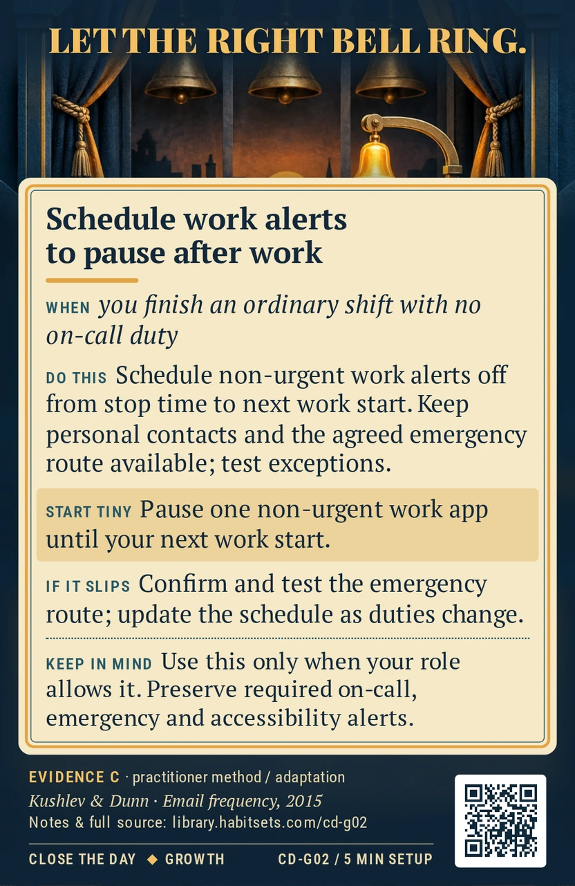 Back of card CD-G02: Schedule work alerts to pause after work. When: you finish an ordinary shift with no on-call duty Do this: Schedule your work app or device profile to pause non-urgent work alerts from your usual stop time until the next work start. Keep personal contacts and any agreed emergency route available; test the exceptions before relying on them. Start tiny: Pause one non-urgent work app until your next work start. Keep in mind: Use this only when your role allows it. Preserve required on-call, emergency and accessibility alerts.