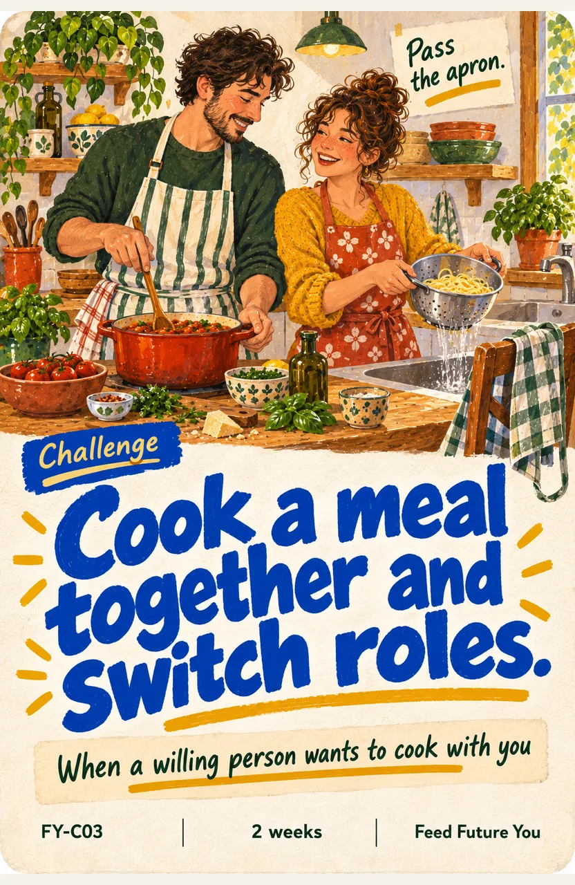 Cook a meal together and switch roles When: a willing person wants to cook with you