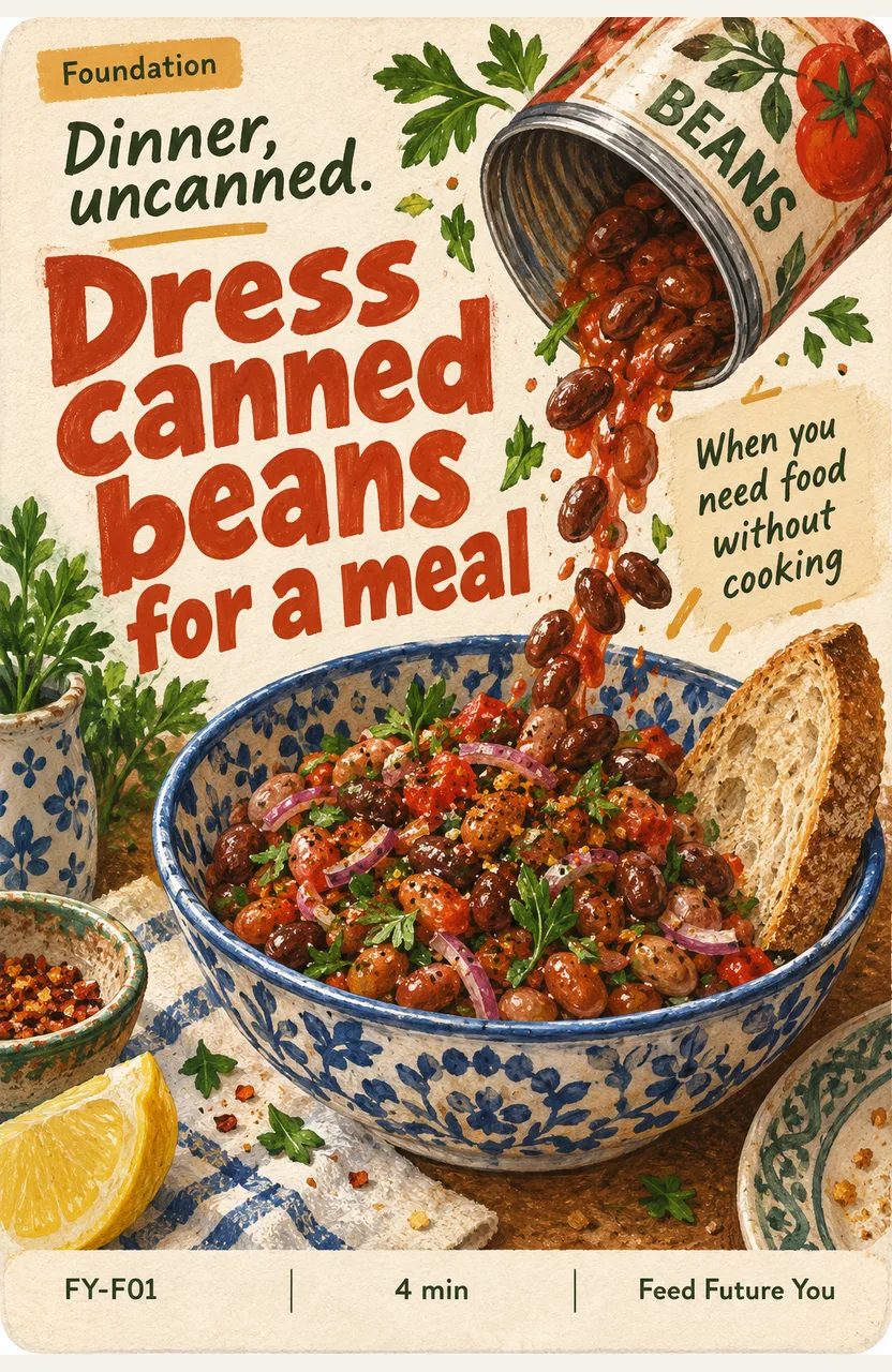Dress canned beans for a meal When: you need food without cooking