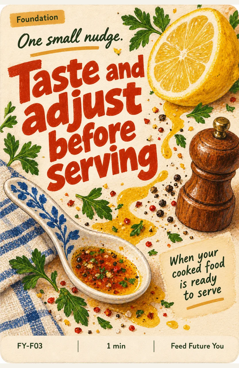 Taste and adjust before serving When: your cooked food is ready to serve