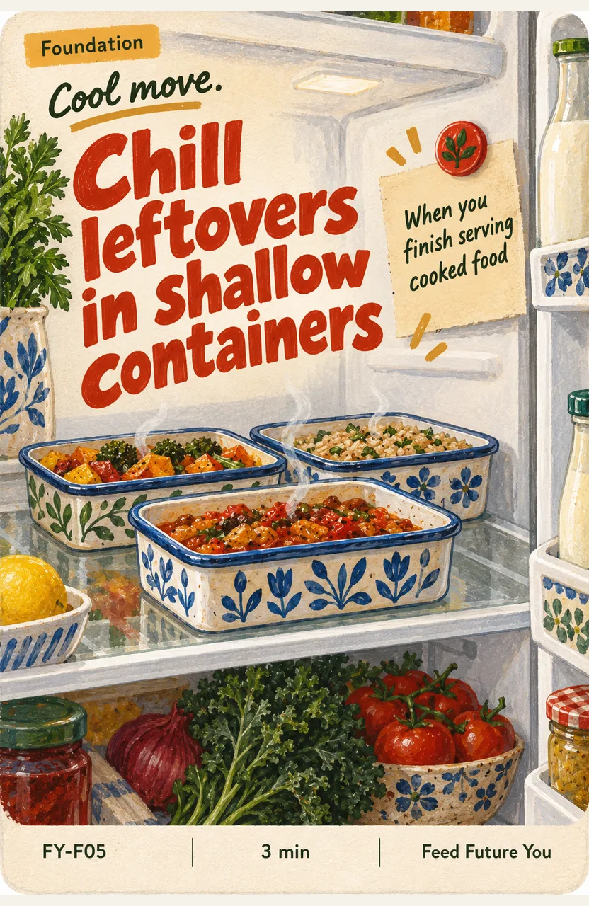 Chill leftovers in shallow containers When: you finish serving cooked food