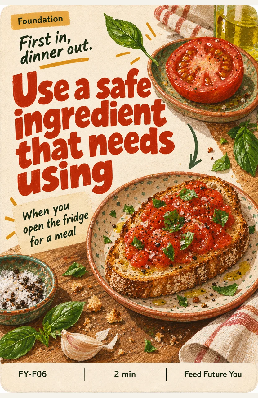 Use a safe ingredient that needs using When: you open the fridge for a meal