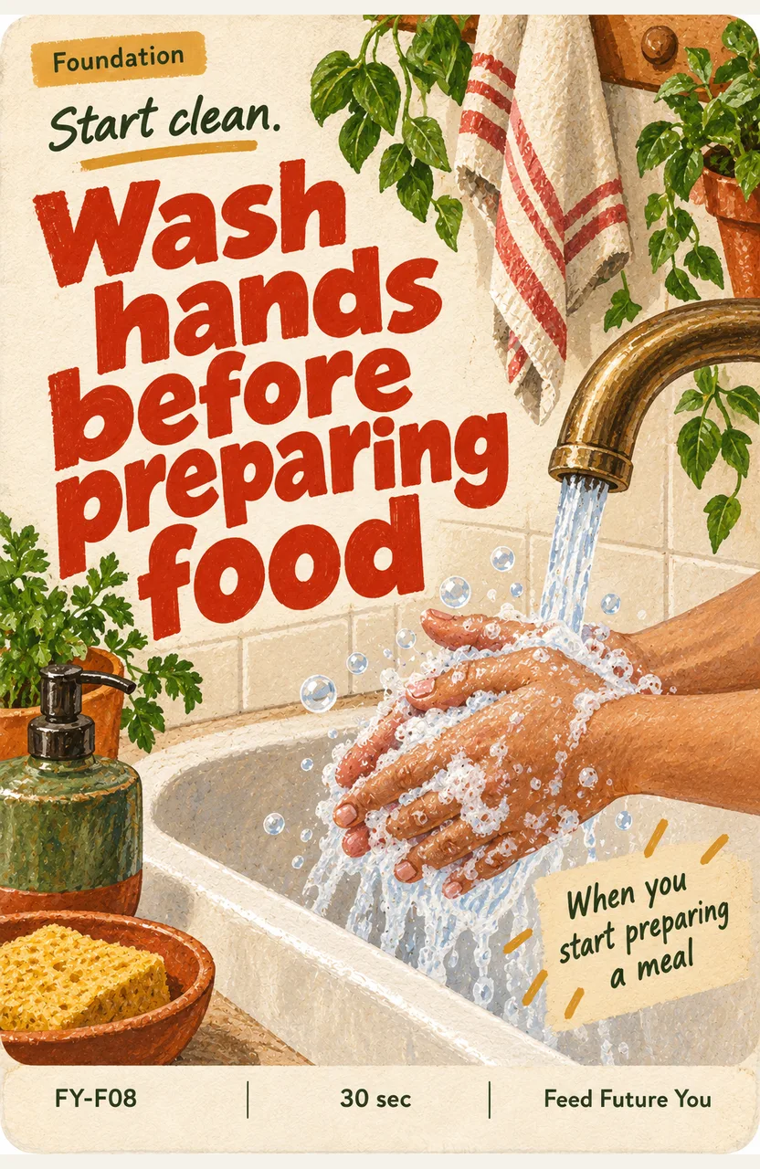 Wash hands before preparing food When: you start preparing a meal