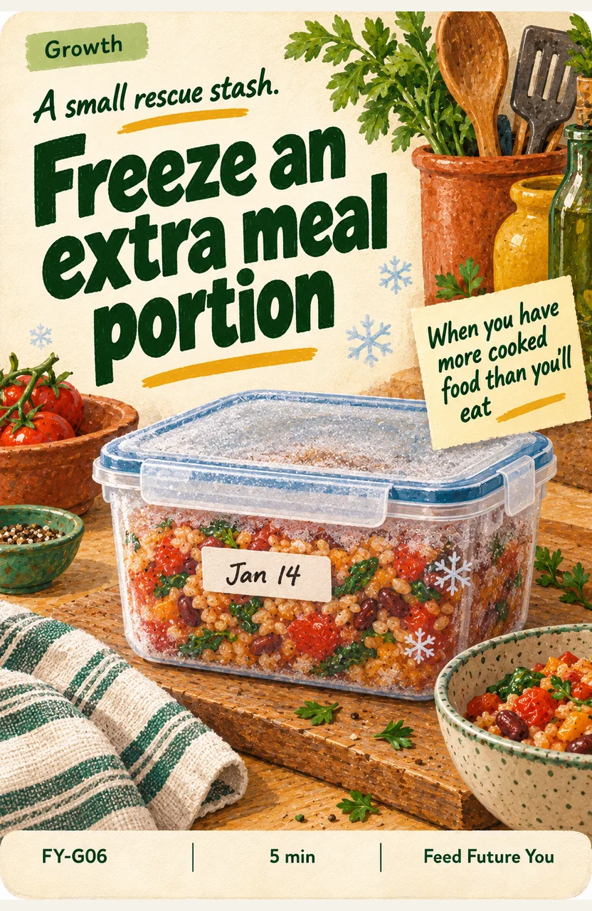 Freeze an extra meal portion When: you have more cooked food than you’ll eat