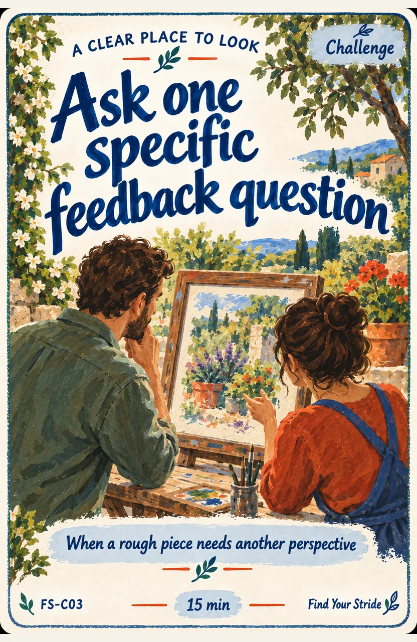 Ask one specific feedback question When: When a rough piece needs another perspective.