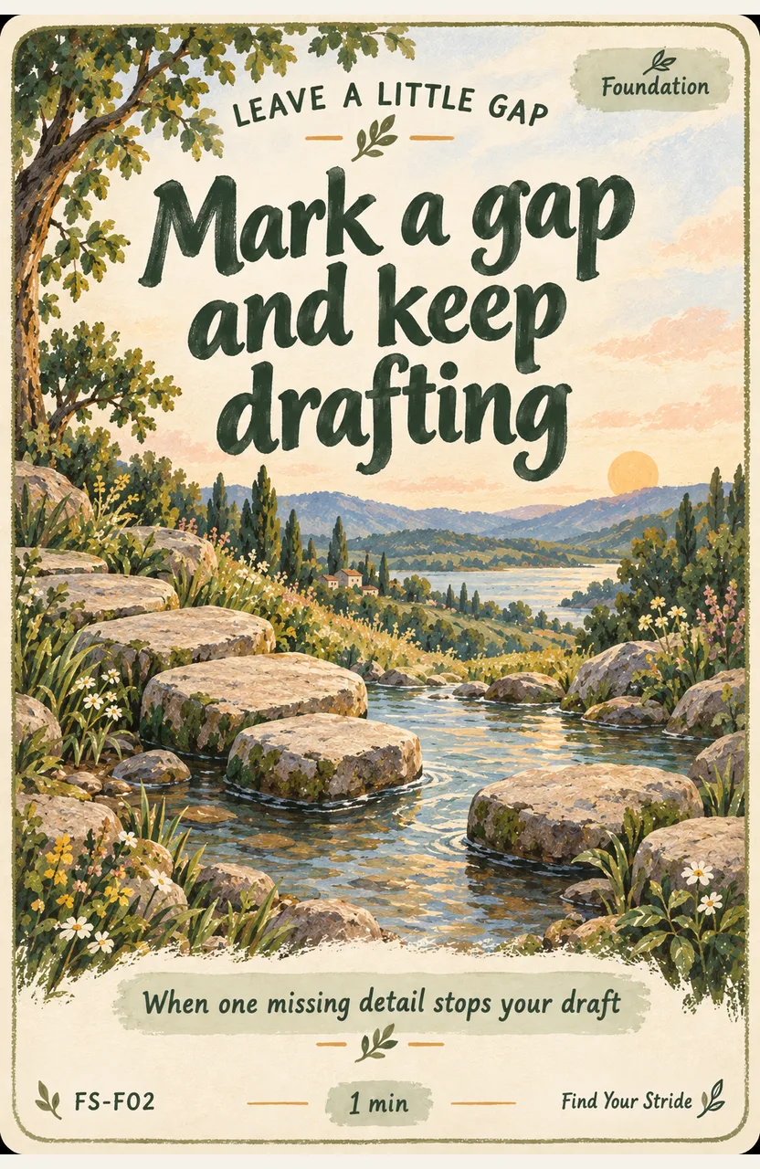 Mark a gap and keep drafting When: When one missing detail stops your draft.