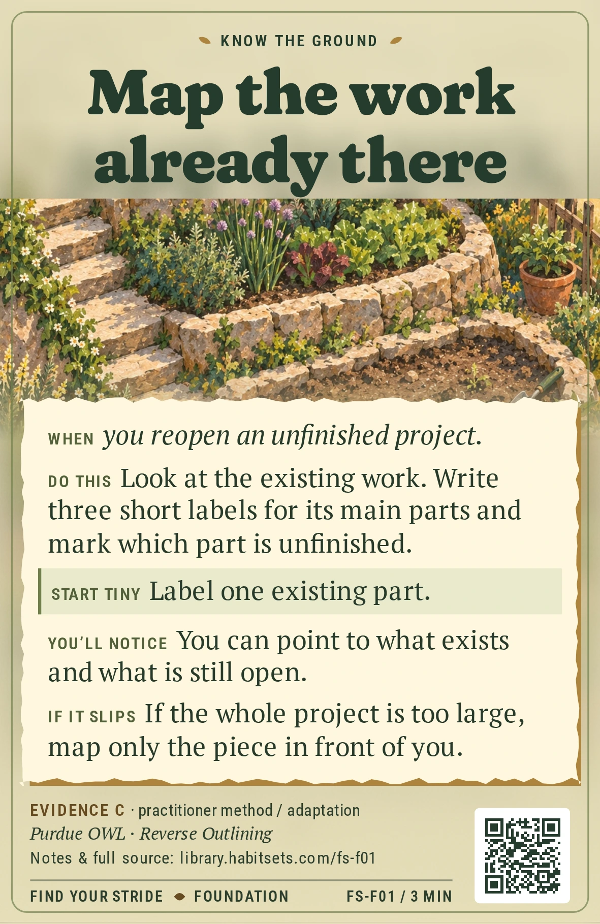 Back of card FS-F01: Map the work already there. When: When you reopen an unfinished project. Do this: Look at the existing work. Write three short labels for its main parts and mark which part is unfinished. Start tiny: Label one existing part.