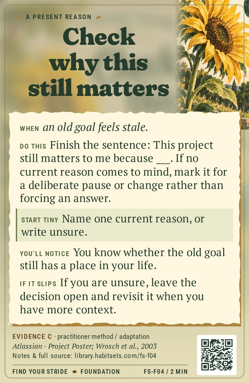 Back of card FS-F04: Check why this still matters. When: When an old goal feels stale. Do this: Finish the sentence: This project still matters to me because ___. If no current reason comes to mind, mark it for a deliberate pause or change rather than forcing an answer. Start tiny: Name one current reason, or write unsure.