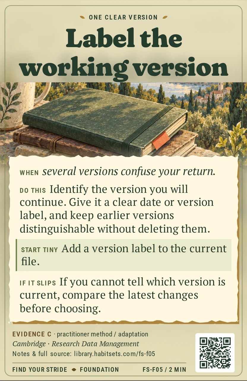 Back of card FS-F05: Label the working version. When: When several versions confuse your return. Do this: Identify the version you will continue. Give it a clear date or version label, and keep earlier versions distinguishable without deleting them. Start tiny: Add a version label to the current file.