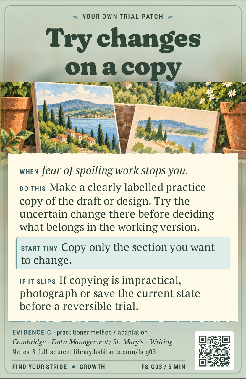 Back of card FS-G03: Try changes on a copy. When: When fear of spoiling work stops you. Do this: Make a clearly labelled practice copy of the draft or design. Try the uncertain change there before deciding what belongs in the working version. Start tiny: Copy only the section you want to change.
