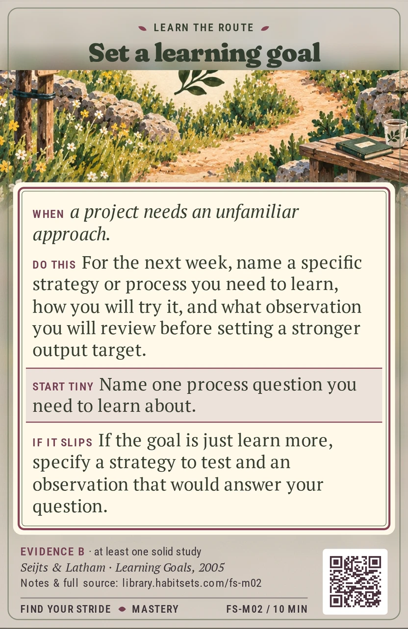 Back of card FS-M02: Set a learning goal. When: When a project needs an unfamiliar approach. Do this: For the next week, name a specific strategy or process you need to learn, how you will try it, and what observation you will review before setting a stronger output target. Start tiny: Name one process question you need to learn about.