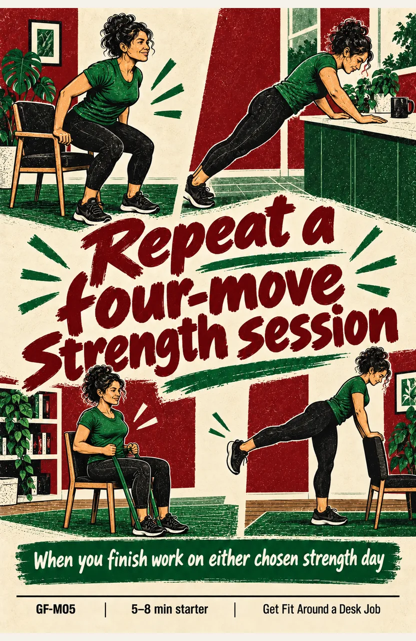 Repeat the same four-move strength session When: you finish work on either chosen strength day