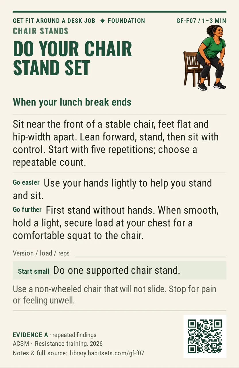 Back of card GF-F07: Do your chair stand set. When: your lunch break ends Do this: Sit near the front of a stable chair, feet flat and hip-width apart. Lean forward, stand, then sit with control. Start with five repetitions; choose a repeatable count. Start tiny: Do one supported chair stand. Keep in mind: Use a non-wheeled chair that will not slide. Stop for pain or feeling unwell.