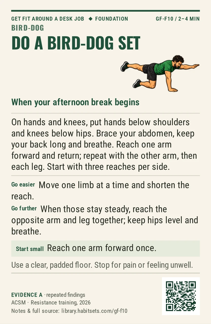 Back of card GF-F10: Do a bird-dog set. When: your afternoon break begins Do this: On hands and knees, put hands below shoulders and knees below hips. Brace your abdomen, keep your back long and breathe. Reach one arm forward and return; repeat with the other arm, then each leg. Start with three reaches per side. Start tiny: Reach one arm forward once. Keep in mind: Use a clear, padded floor. Stop for pain or feeling unwell.