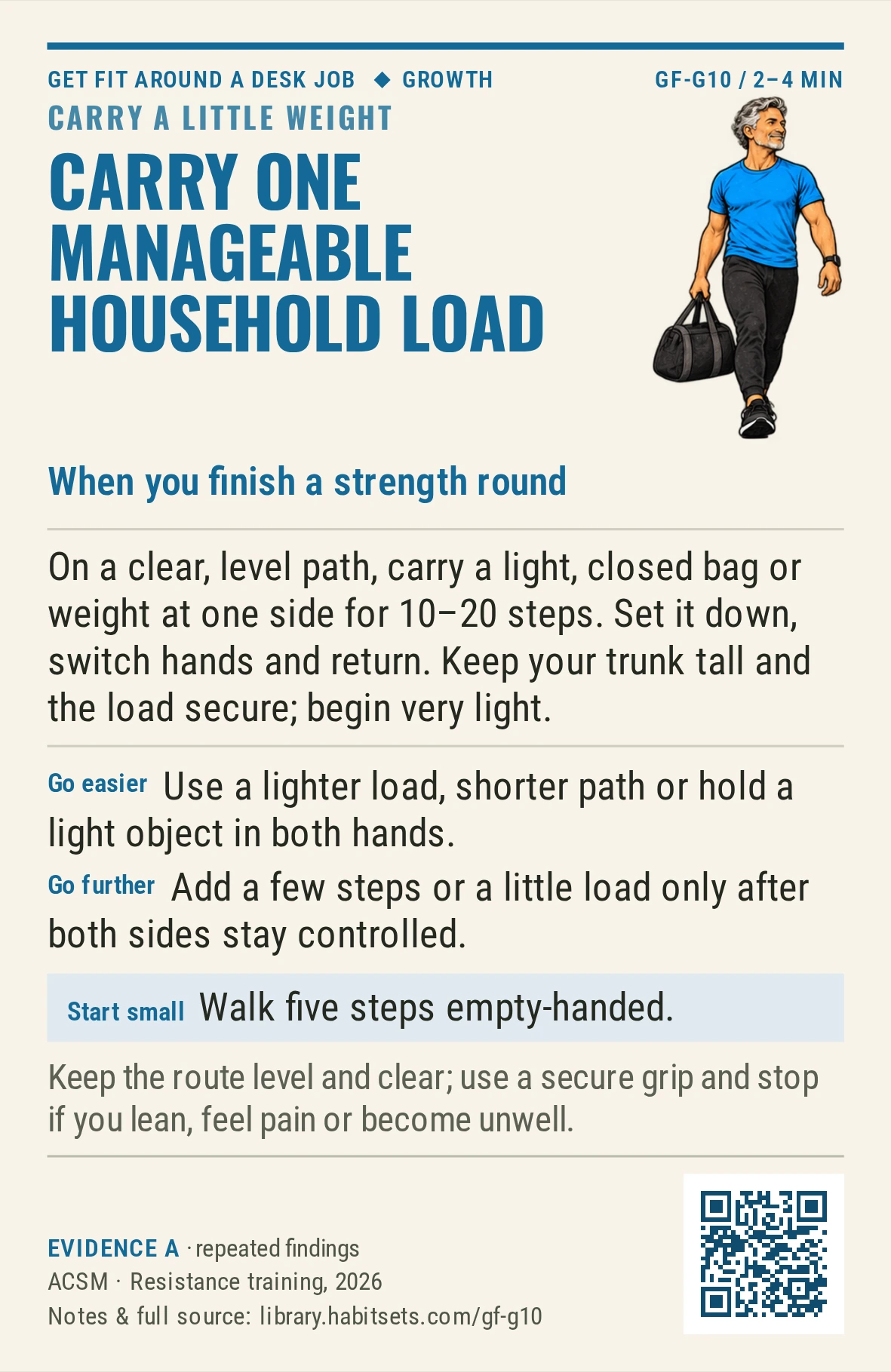 Back of card GF-G10: Carry one manageable household load. When: you finish a strength round Do this: On a clear, level path, carry a light, closed bag or weight at one side for 10–20 steps. Set it down, switch hands and return. Keep your trunk tall and the load secure; begin very light. Start tiny: Walk five steps empty-handed. Keep in mind: Keep the route level and clear; use a secure grip and stop if you lean, feel pain or become unwell.
