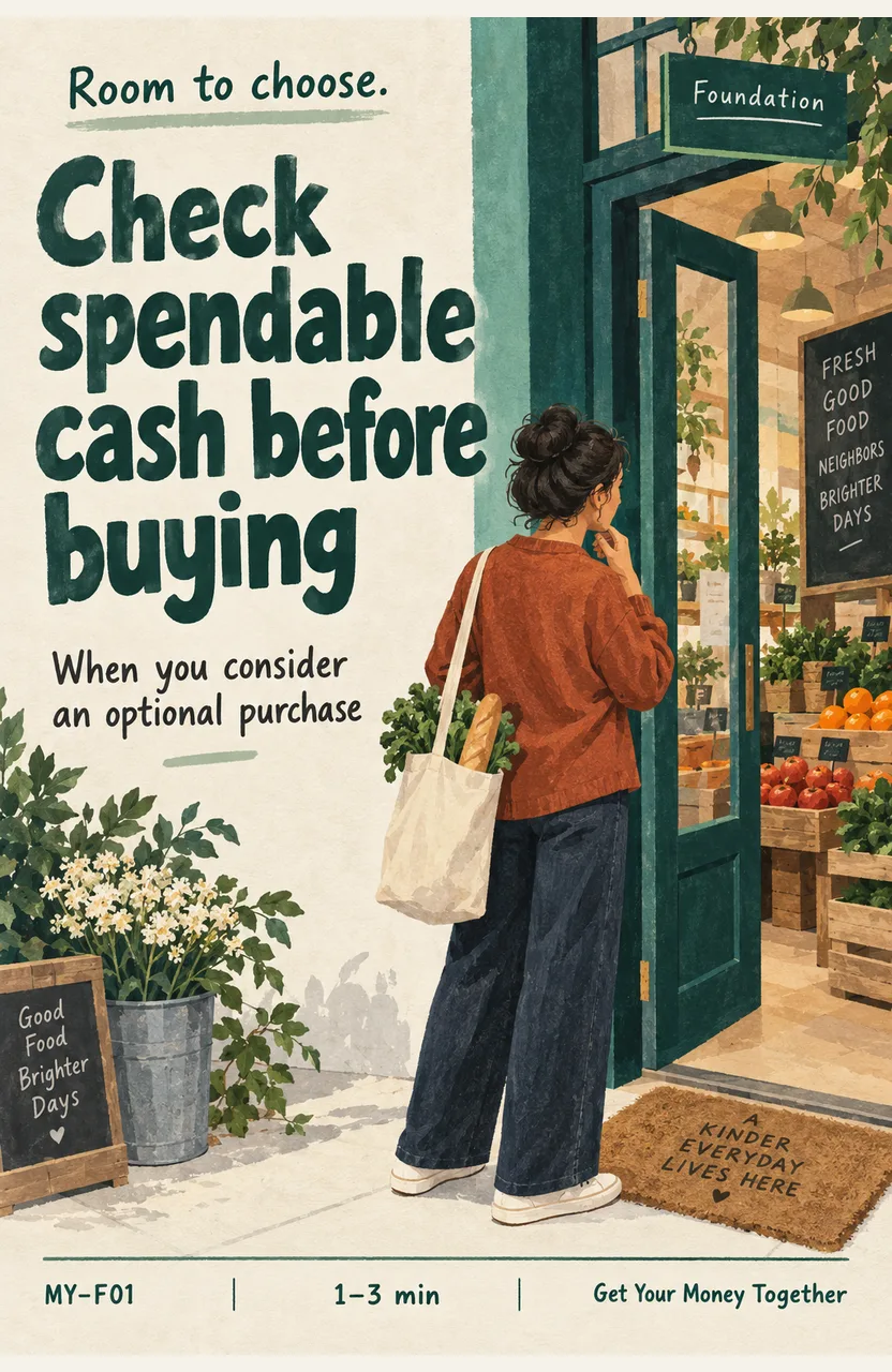 Check spendable cash before buying When: you are about to make an optional purchase