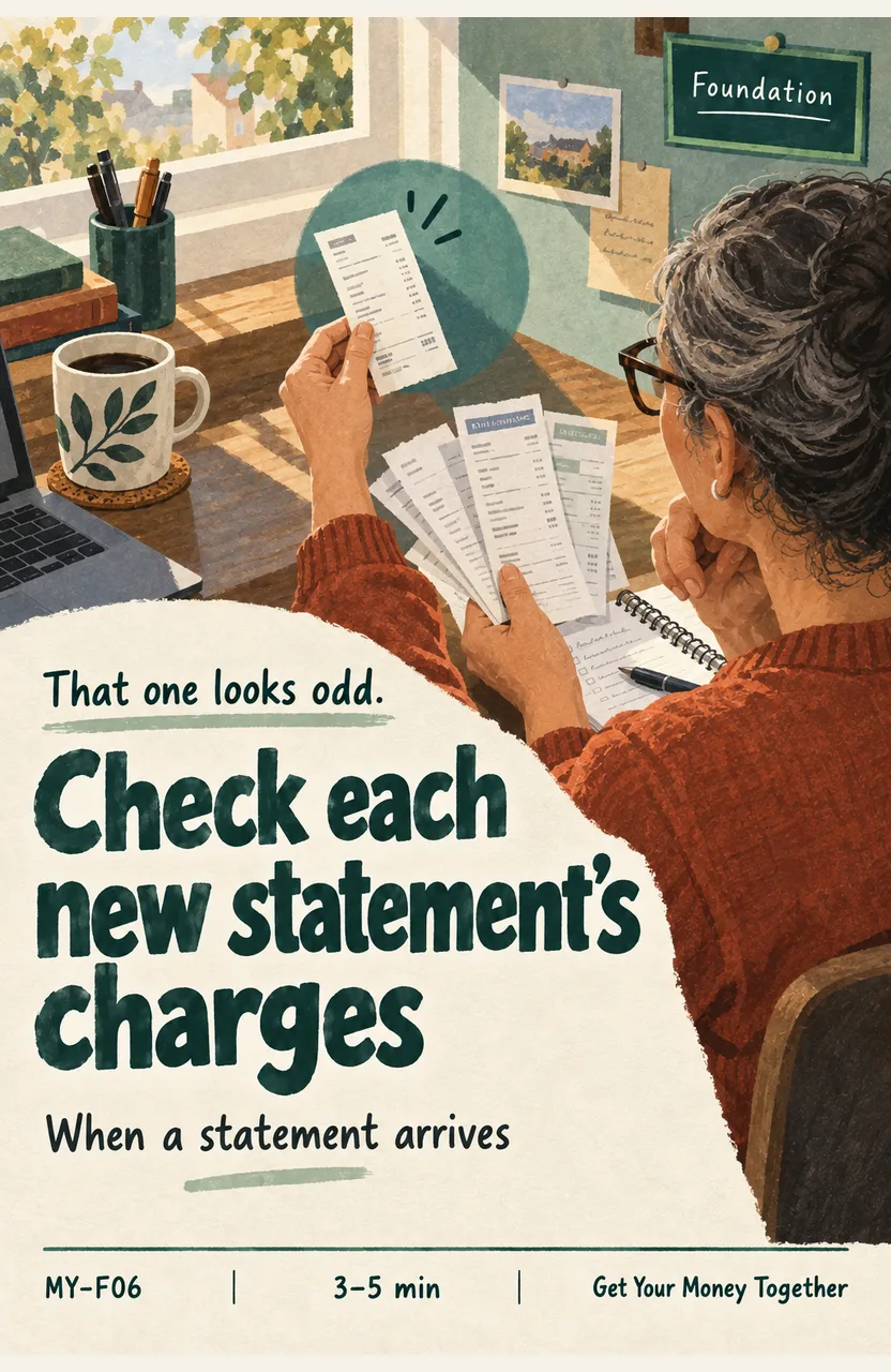 Check the charges on each new statement When: a bank or card statement arrives