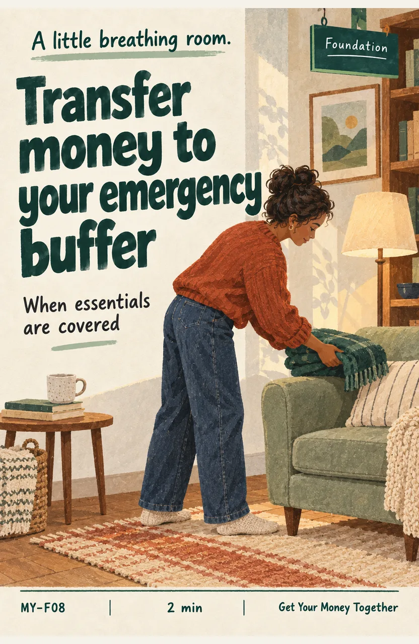 Transfer an affordable amount to your buffer When: income arrives and essentials are covered