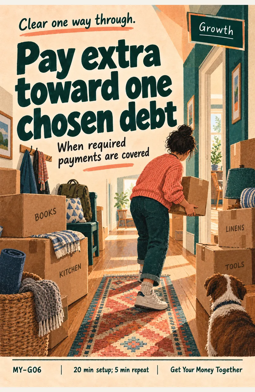 Send affordable extra money to one chosen debt When: pay arrives and required payments are covered