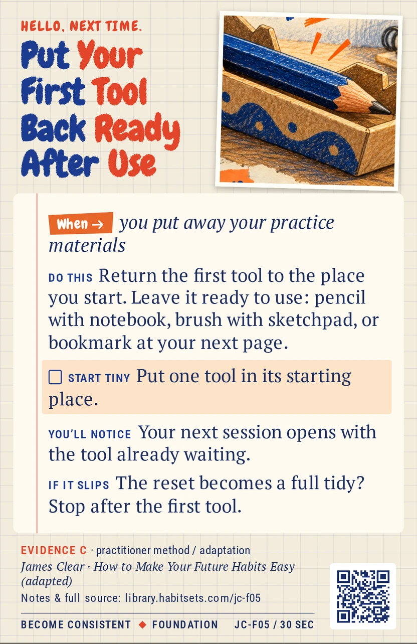 Back of card JC-F05: Put Your First Tool Back Ready After Use. When: you put away your practice materials Do this: Return the first tool to the place you start. Leave it ready to use: pencil with notebook, brush with sketchpad, or bookmark at your next page. Start tiny: Put one tool in its starting place.
