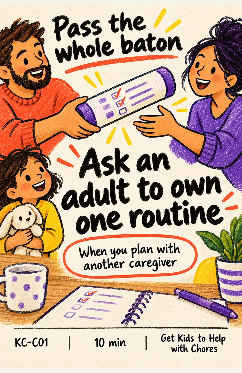 Ask Another Adult to Own One Chore Routine When: you plan the household week with another caregiver
