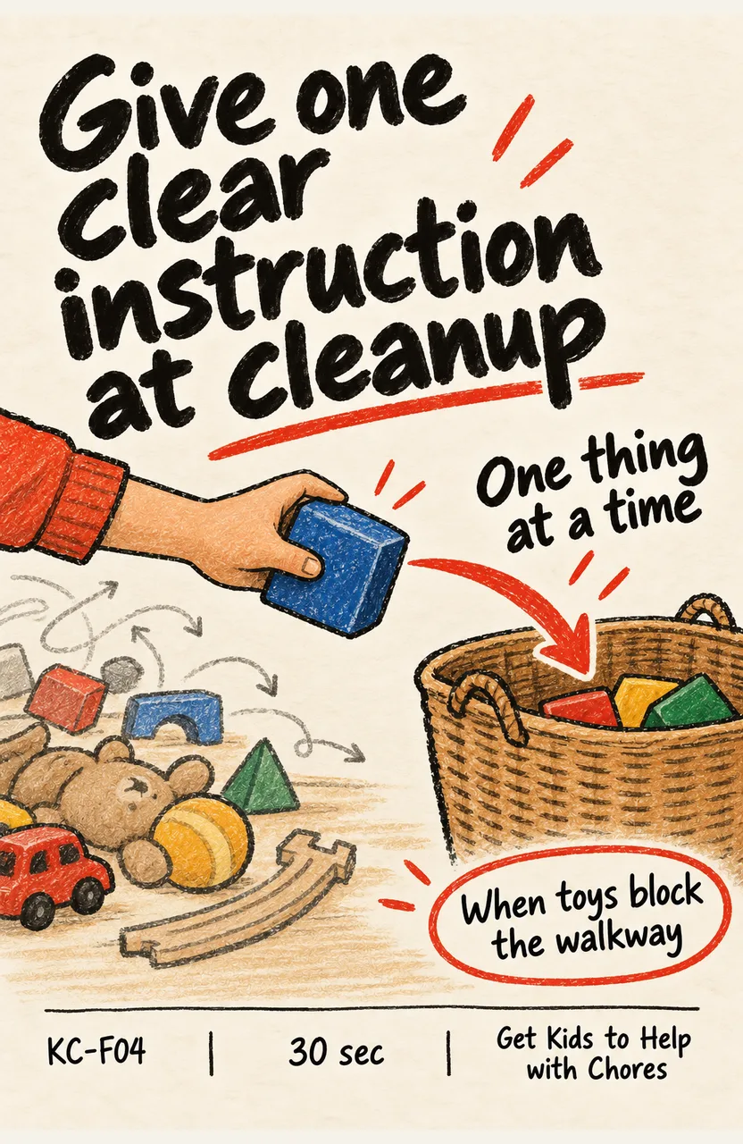 Give One Clear Instruction at Cleanup When: you notice toys blocking a walkway
