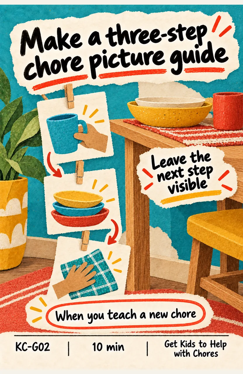Make a Three-Step Picture Guide for One Chore When: you teach a chore with several steps